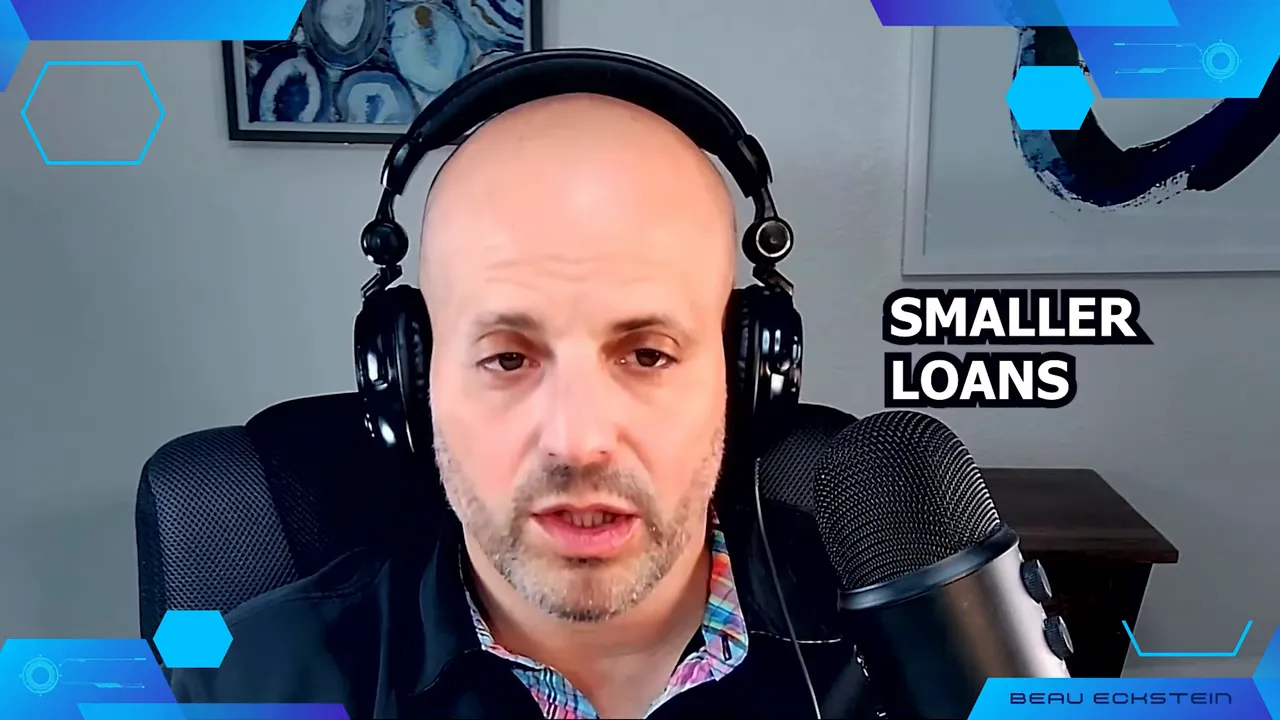Podcast host speaking into microphone with 'Smaller Loans' graphic