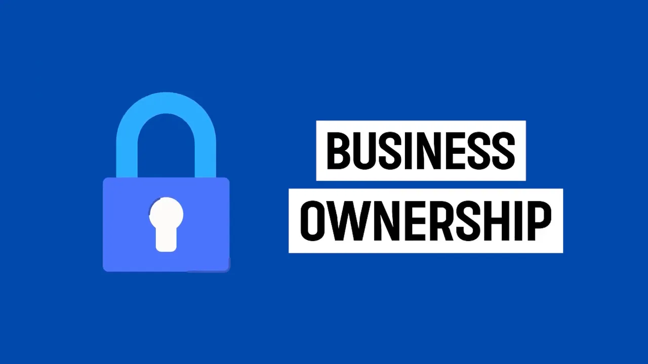 Blue padlock icon next to bold text 'BUSINESS OWNERSHIP' on a solid blue background representing secured funds and checklist confirmation.