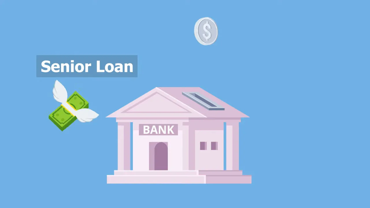 Cartoon bank building labeled 'Senior Loan' with money imagery on a blue background