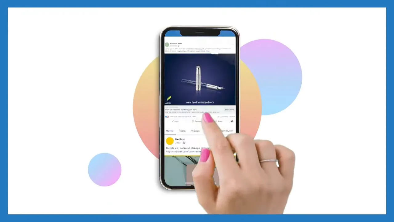 Hand tapping a smartphone mockup showing an app-style post