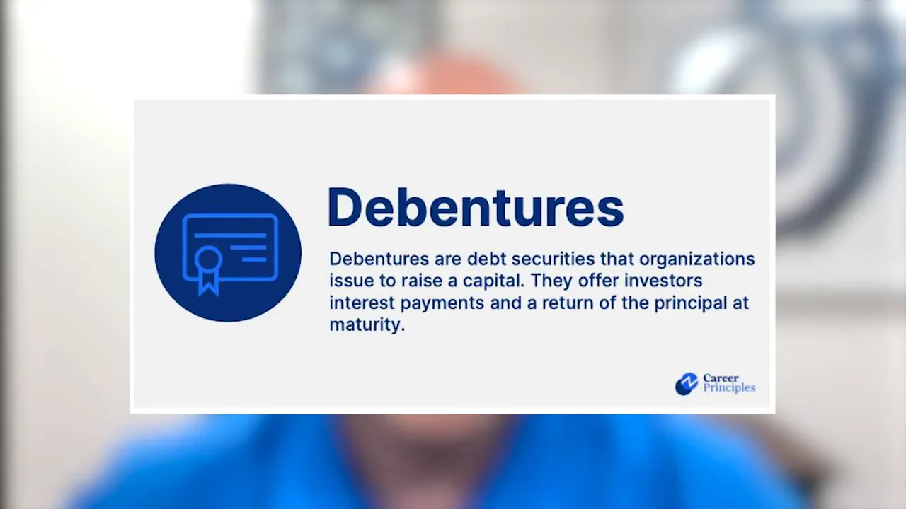 Presentation slide titled 'Debentures' with short definition text