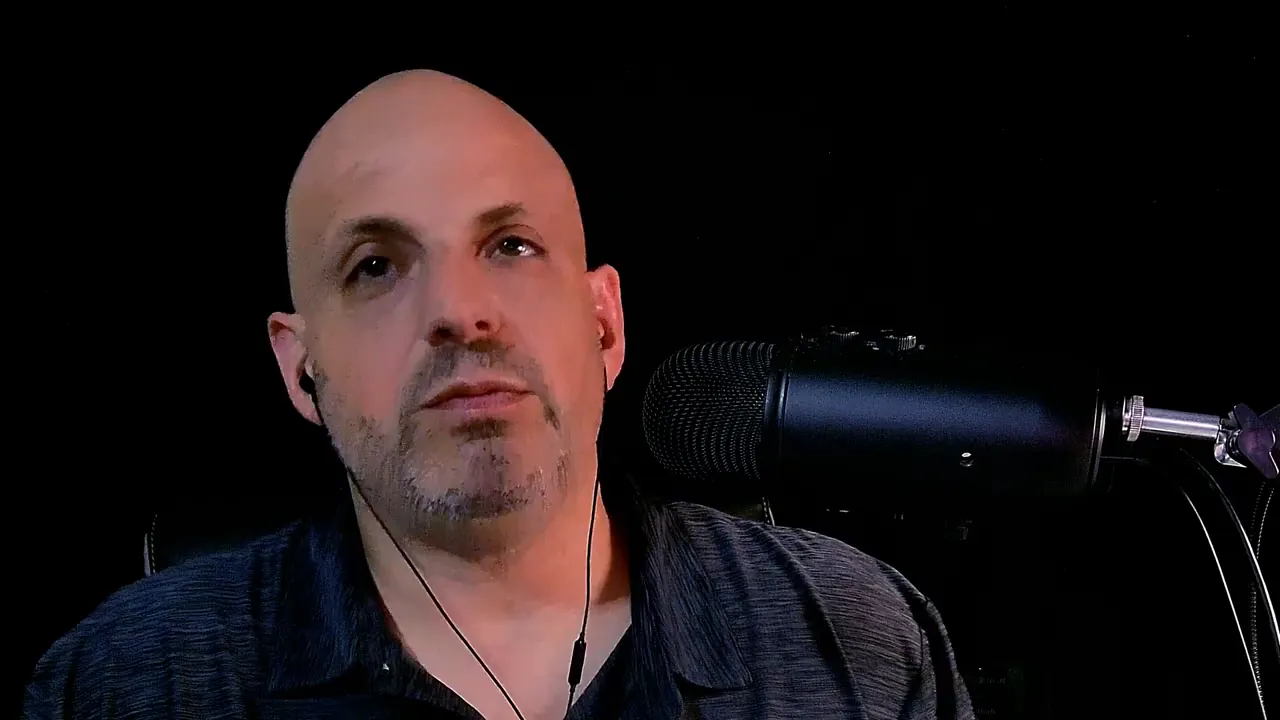 Podcast host looking thoughtful while speaking into a studio microphone, illustrating financing strategies.