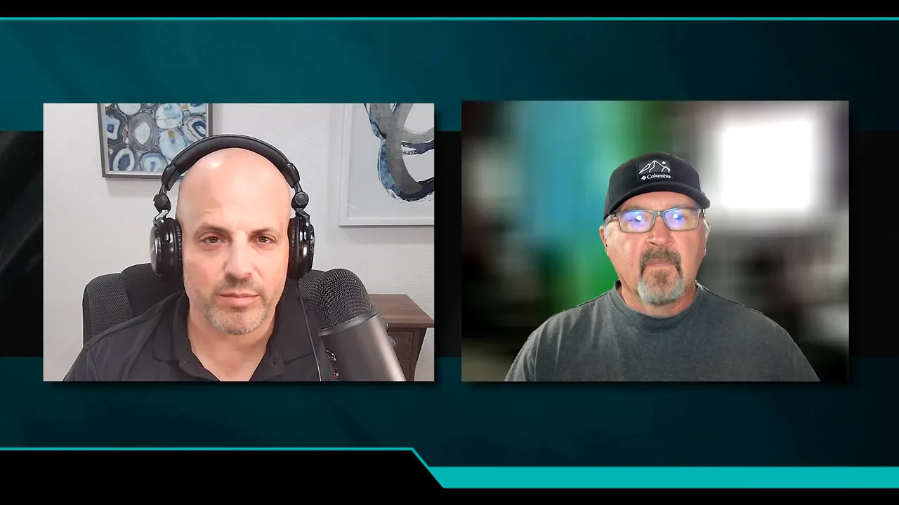 Clear split-screen of two podcast hosts discussing SBA 7a versus SBA 504 loans
