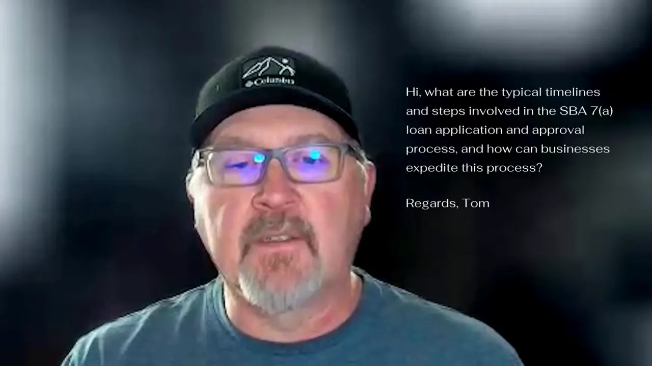 podcast host on video with on-screen viewer question about SBA 7(a) loan timelines