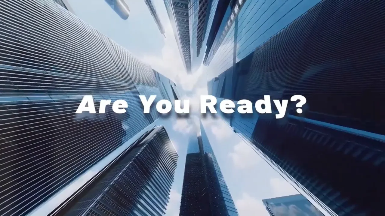 Upward view of skyscrapers with a centered horizontal title bar used as a transition card