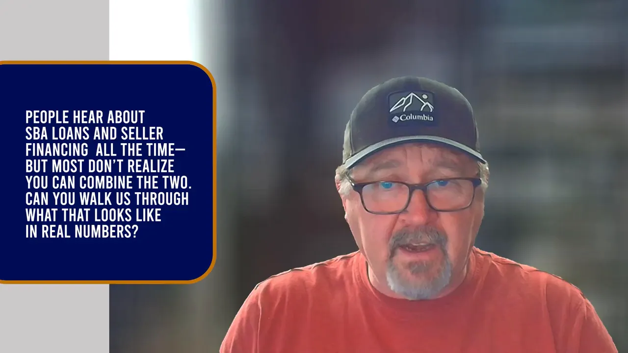 Presenter with on-screen slide that reads 'People hear about SBA loans and seller financing all the time— but most don't realize you can combine the two'