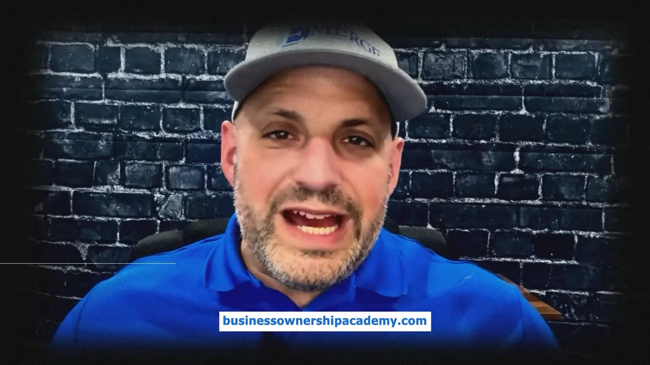 Podcast host speaking with businessownershipipacademy.com banner visible, brick wall background